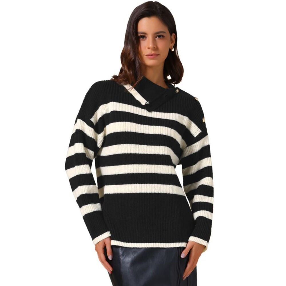 Women Casual Striped Lapel Collar Pullover Tops Black